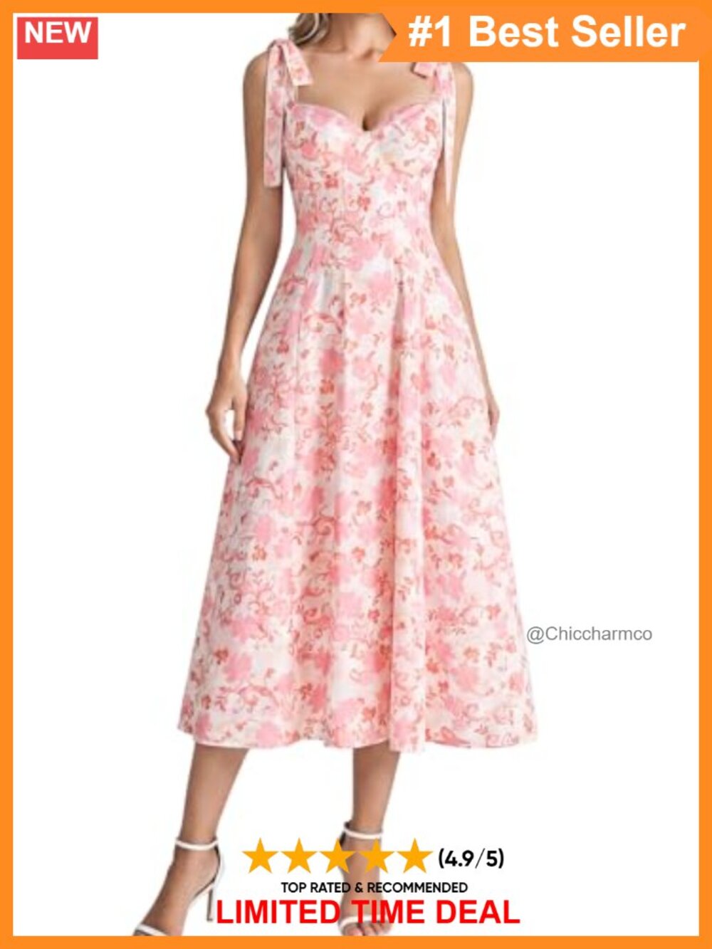 Floral Corset Midi Dress Tie Shoulder Smocked Back Pockets